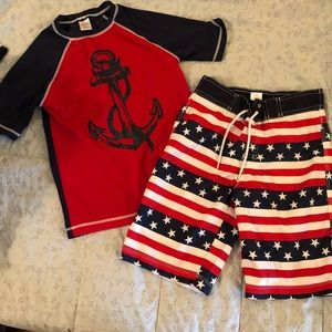 Gymboree swimming trunk plus matching swim shirt red white and blue